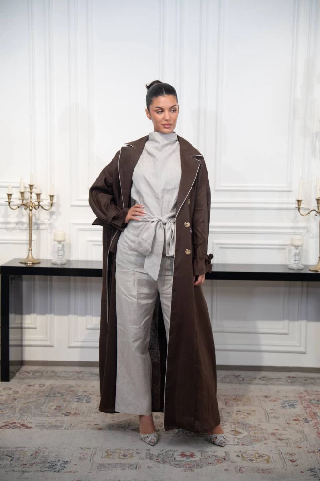 عباية بليزر من الكتان باللون البني C:IB327 بني (مقاس واحد)