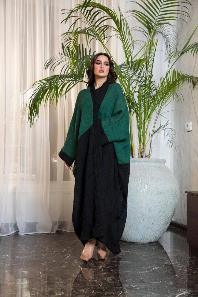 Linen Abaya in two colors black and green IB202 (Free size)