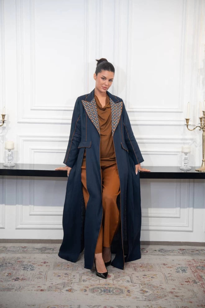 عباية بليزر كتان كحلي مع تطريز C:IB329 كحلي