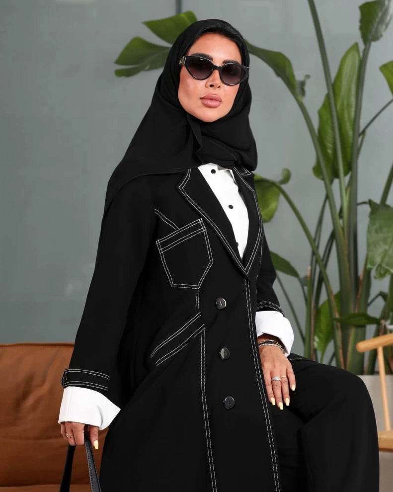 Black Crepe Abaya with White Embroidery Front IB209