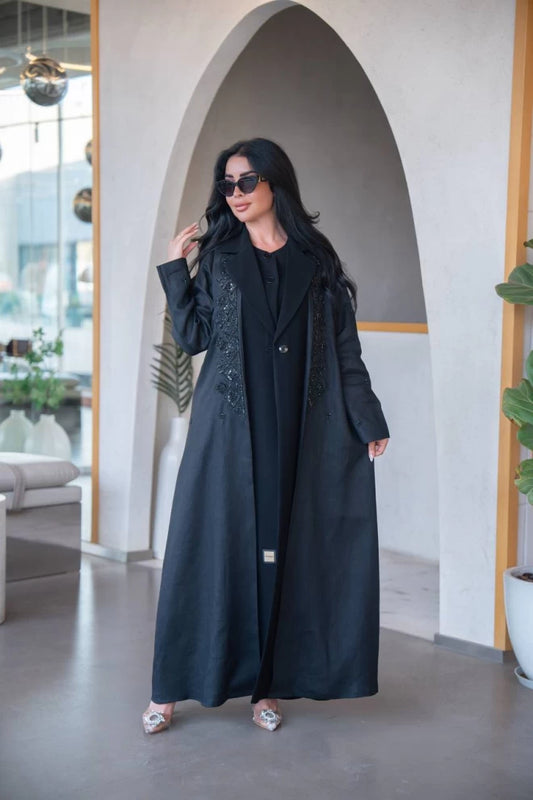Black blazer abaya made of linen and crepe with hand embroidery C:IB323 Black