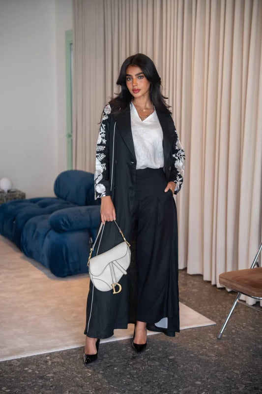 Black natural linen blazer abaya with embroidery C:IB331 Black