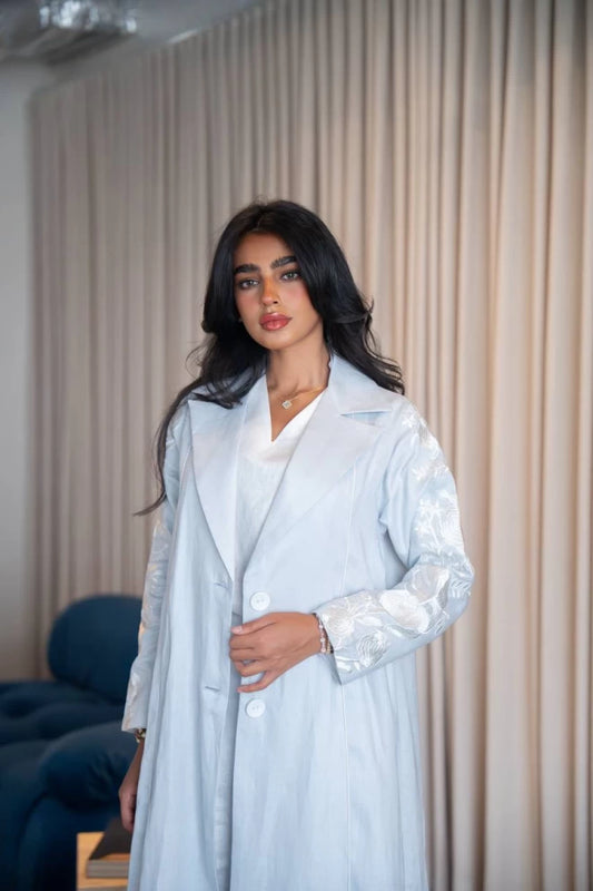 Sky blue blazer abaya with embroidery, made of natural linen. C:IB331 Blue