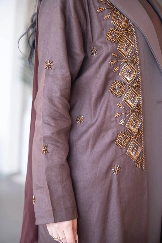 Brown blazer abaya in linen with crepe and hand embroidery C:IB323 Brown
