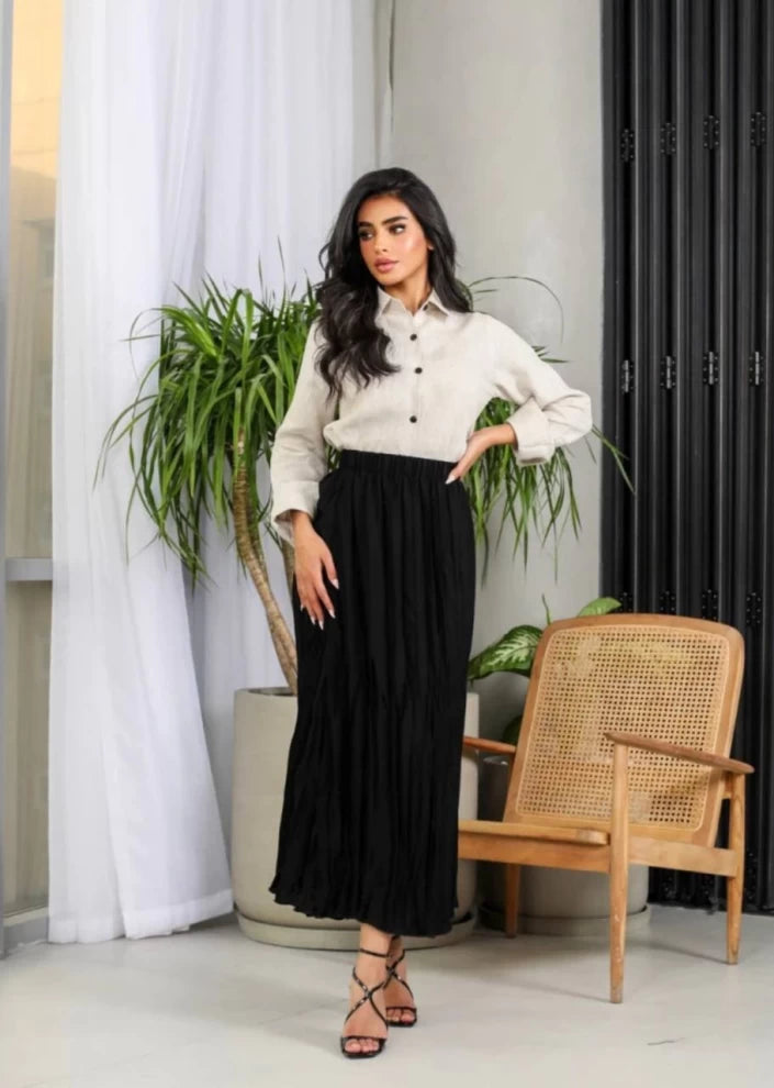 Cotton blouse and plissé skirt with raw linen IB1016 (S)