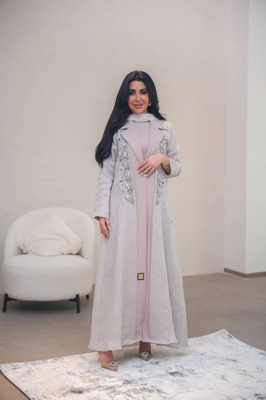 Beige linen and crepe blazer abaya with hand embroidery C:IB323 Beige