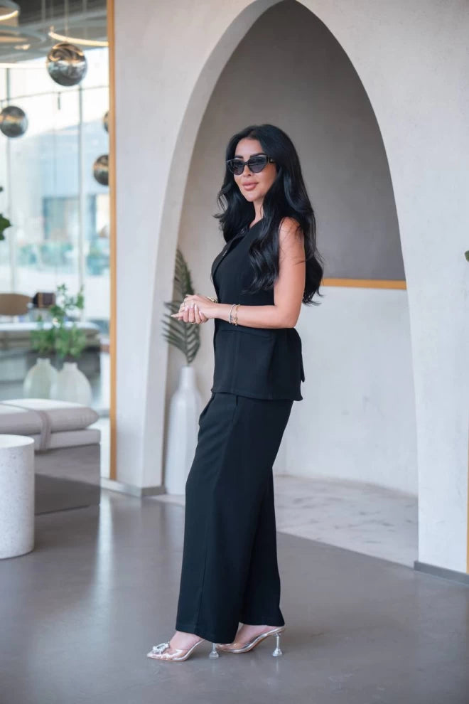 سترة كريب سوداء مع بنطلون، C:IB1090 أسود