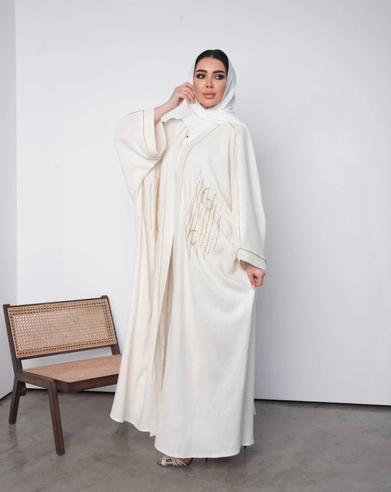 عبايه لينن بلون الابيض مع شك يدوي IB153 white
