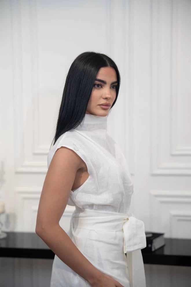 طقم كتان أبيض مكون من بلوزة وبنطلون C:IB1094 أبيض