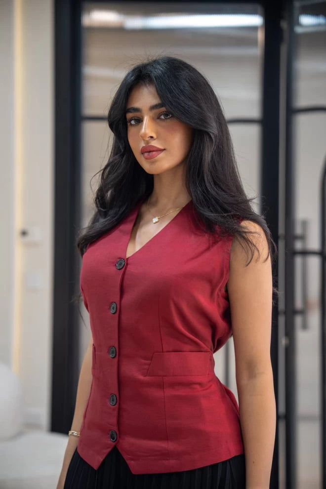 Linen dress with crepe C:IB1015 Red Black