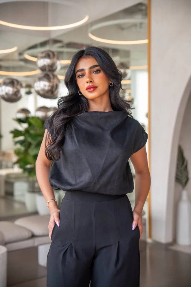 Linen blouse and crepe pants set, black C:IB1001 (S)