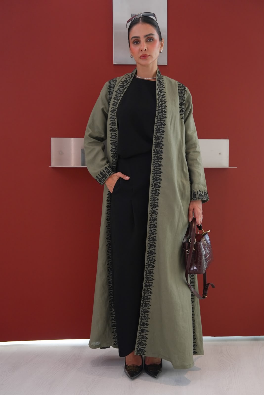 Linen abaya in olive green with embroidery.C:435