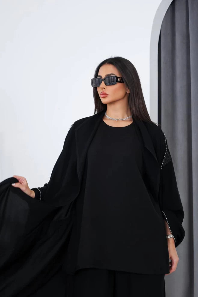 Bisht with Cuban crepe material with crystal silk in black IB272 (Free size)