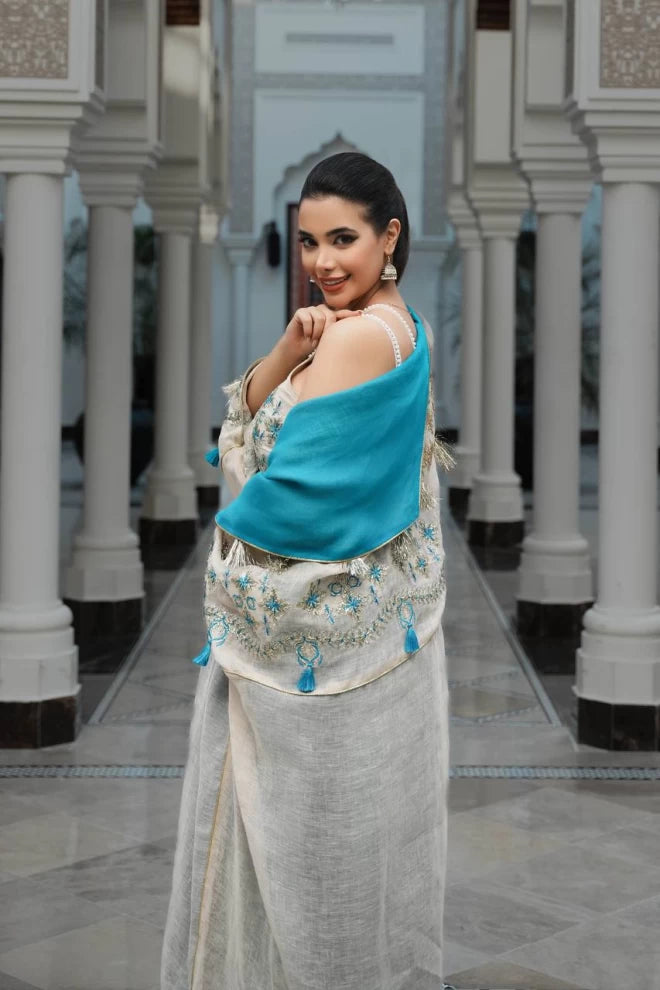 Abaya and dress made of light beige burlap fabric with embroidery C:IB273 Beige