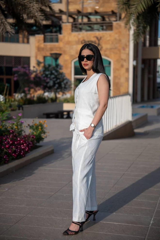 طقم سترة وبنطلون من الكتان الأبيض C:IB1085 أبيض