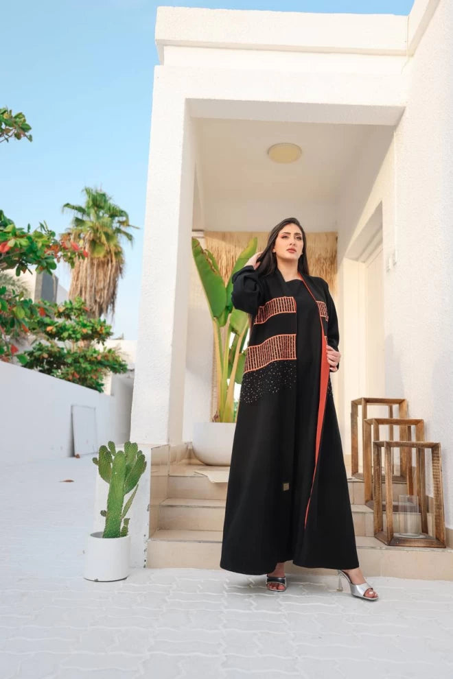 عبايه كريب كوبا اسود بشك برتقالي IB140 Orange