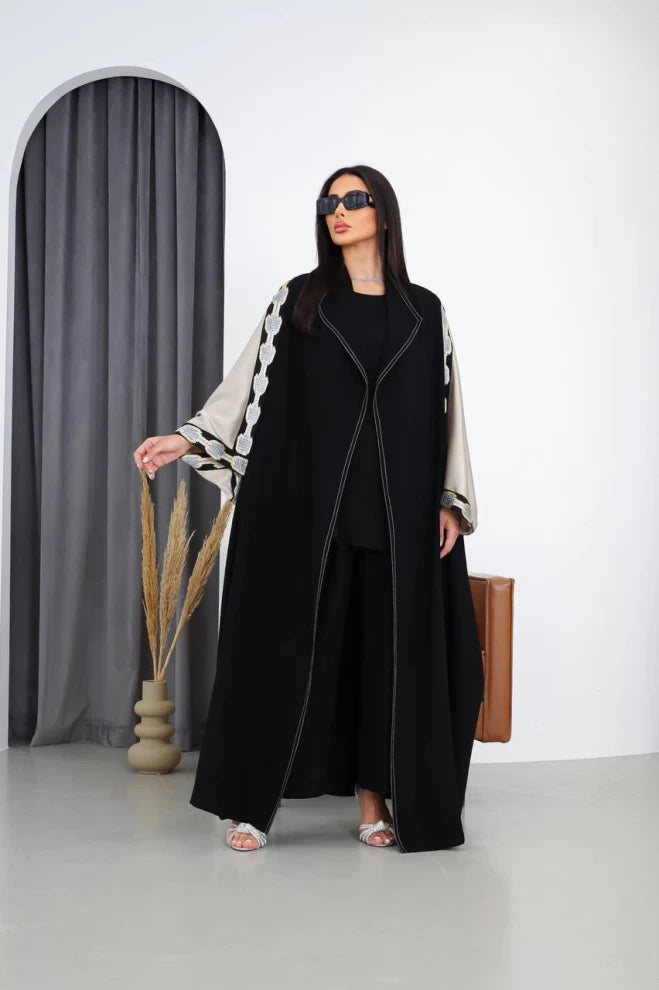 Cuba Crepe Abaya with Silk Crepe in Black and Beige IB158 Black (Free size)