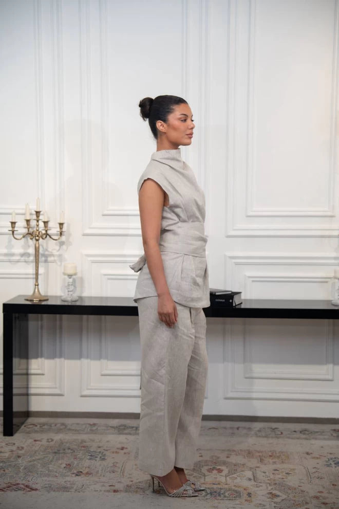 طقم بلوزة وبنطلون كتان بيج C:IB1094 بيج