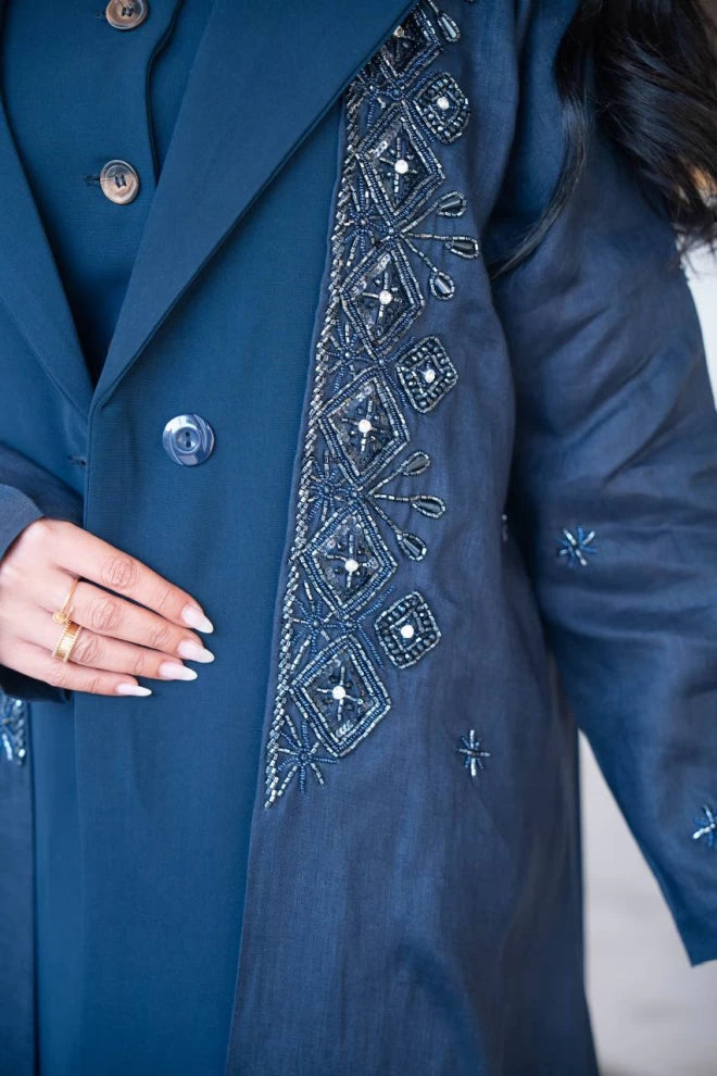 Navy blue linen blazer abaya with crepe and hand embroidery C:IB323 Navy