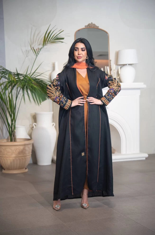 Black linen abaya with hand embroidery C:IB318