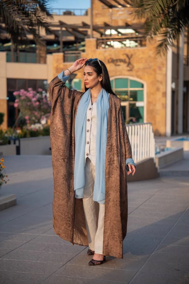 Brown crepe jacquard abaya C:IB312 (Free size)