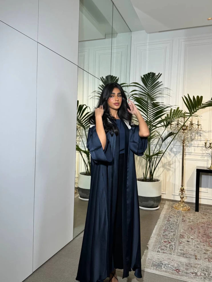 Free Size Abaya With Raw Silk Crepe IB175 Blue (Free size)