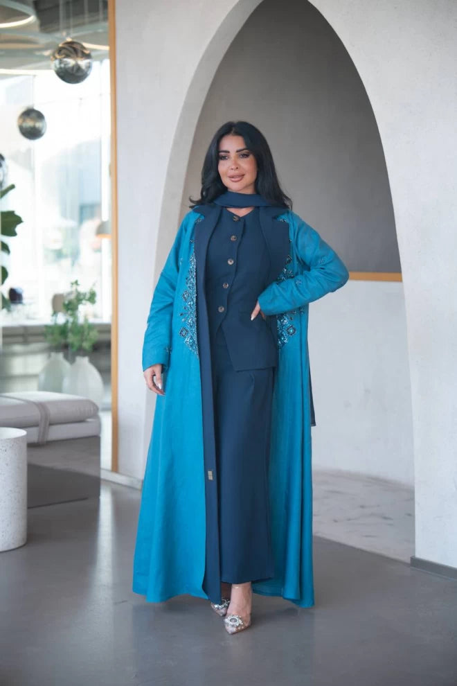 Blue blazer abaya made of linen with crepe on the front C:IB323 Blue