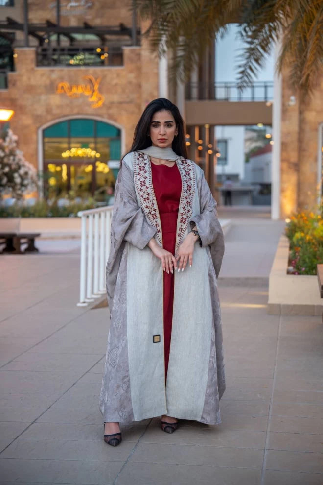 Abaya made of crepe jacquard and linen with embroidery C:IB313 (Free size)