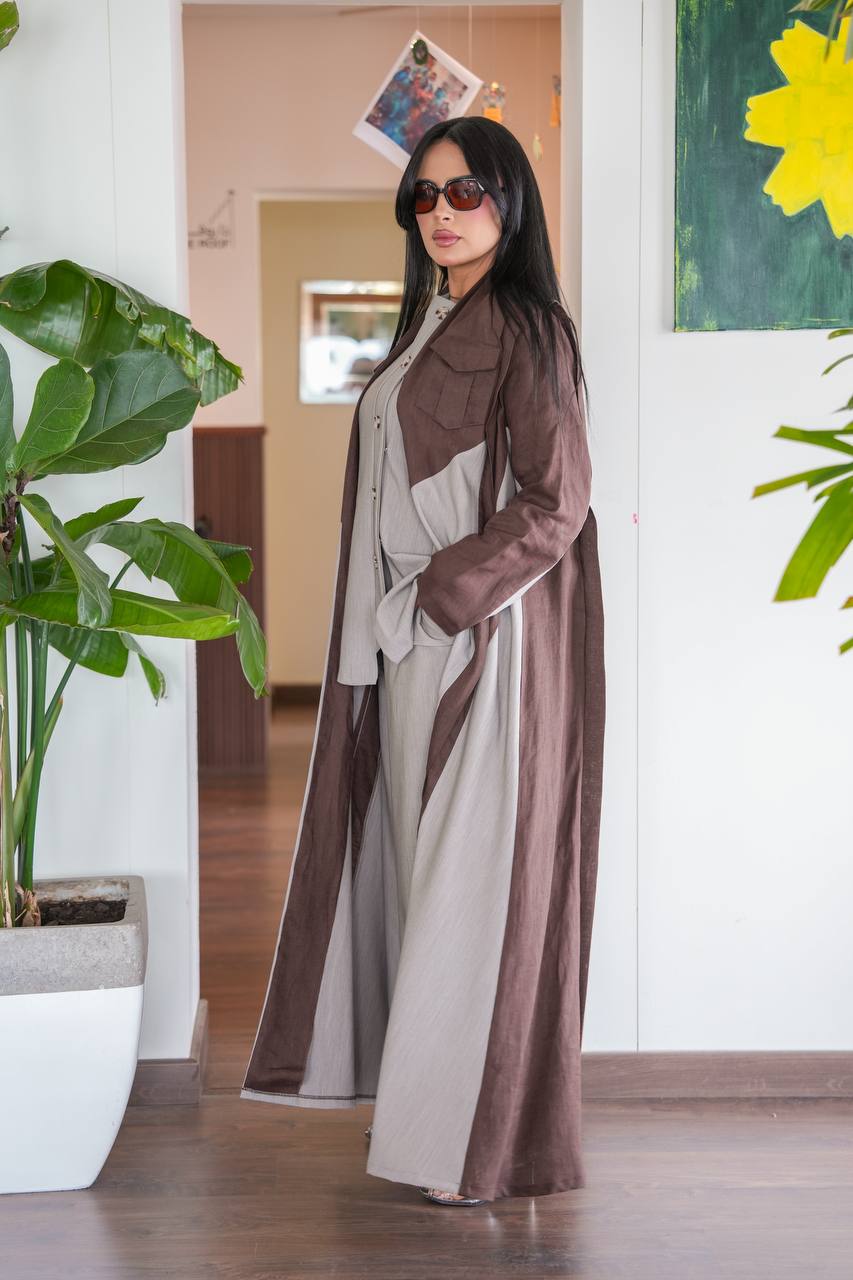 Linen abaya with crepe in brown and beige .C:390