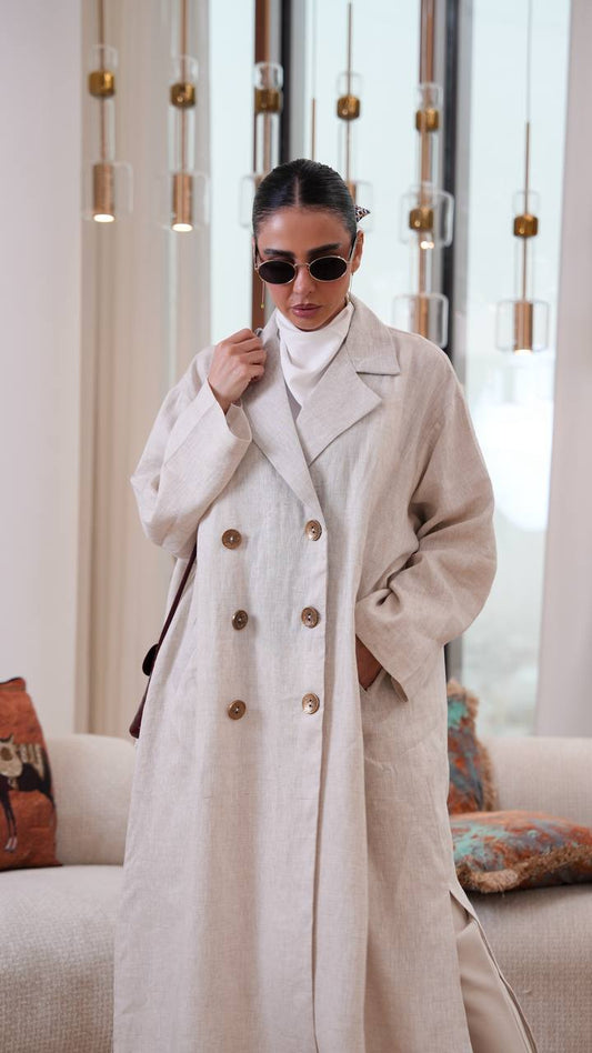 Trench coat, free size, linen, beige color.C:401
