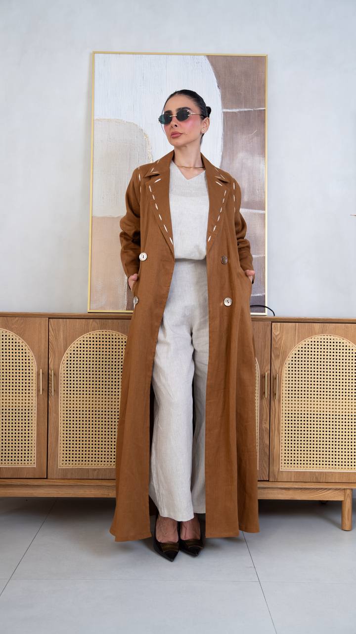 Camel-colored linen blazer abaya with embroidery.C:403