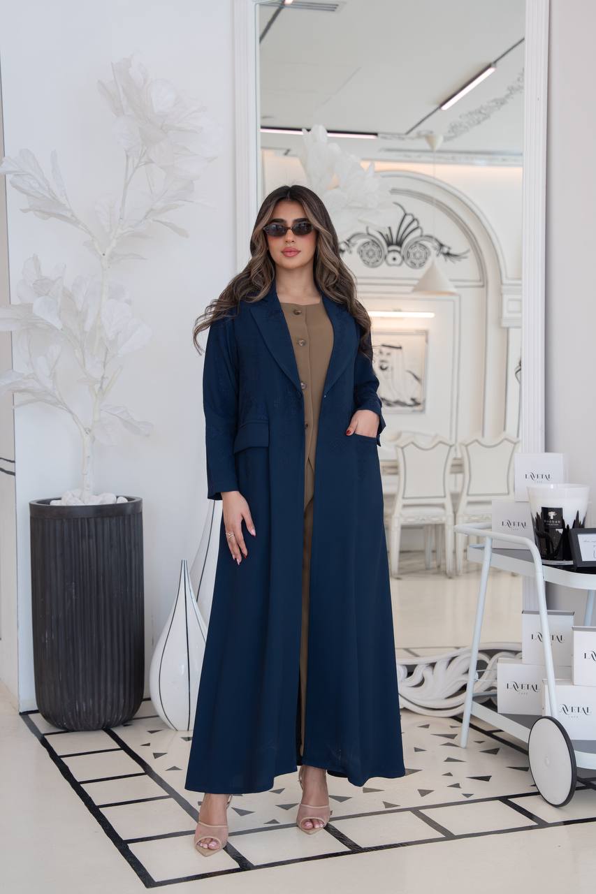 Navy blue crepe blazer abaya with embroidery. C:383 navy