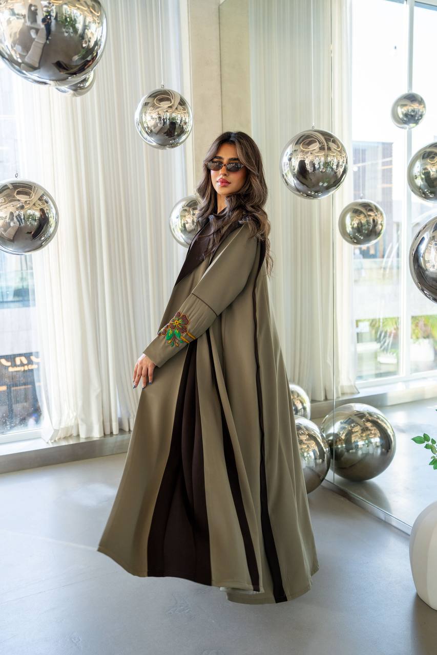 Olive green crepe abaya with hand-stitched details. C:386