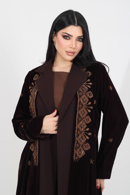 Velvet blazer abaya with crepe and hand-stitched detailing, in brown.C:IB368