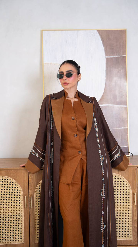 Linen abaya in brown with embroidery.C:404