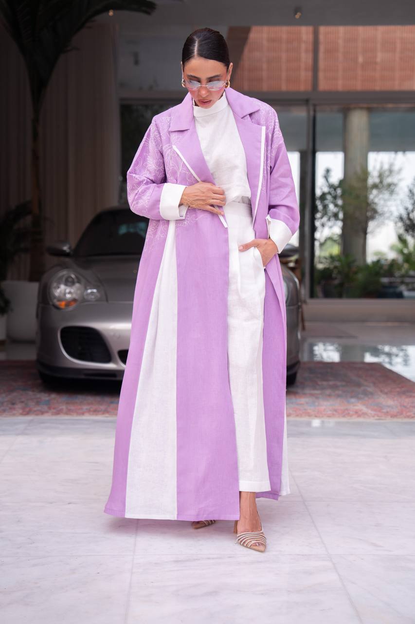 Purple linen blazer abaya with embroidery.C:412