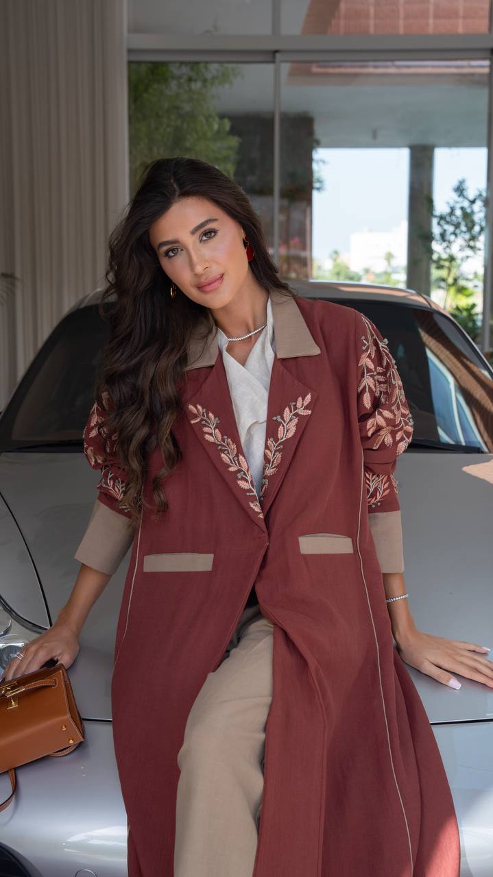 Burgundy linen blazer abaya with embroidery.C:413