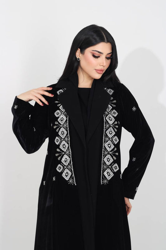 Velvet Blazer Abaya with Crepe, in Black, with Hand Embroidery.C:IB368 Black