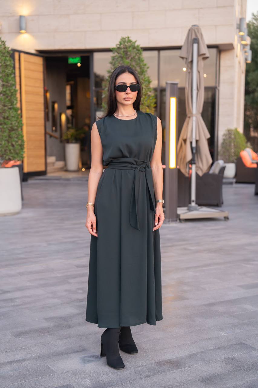 crepe dress in olive green. C:IB1096 crepe dress in olive green. C:IB1096