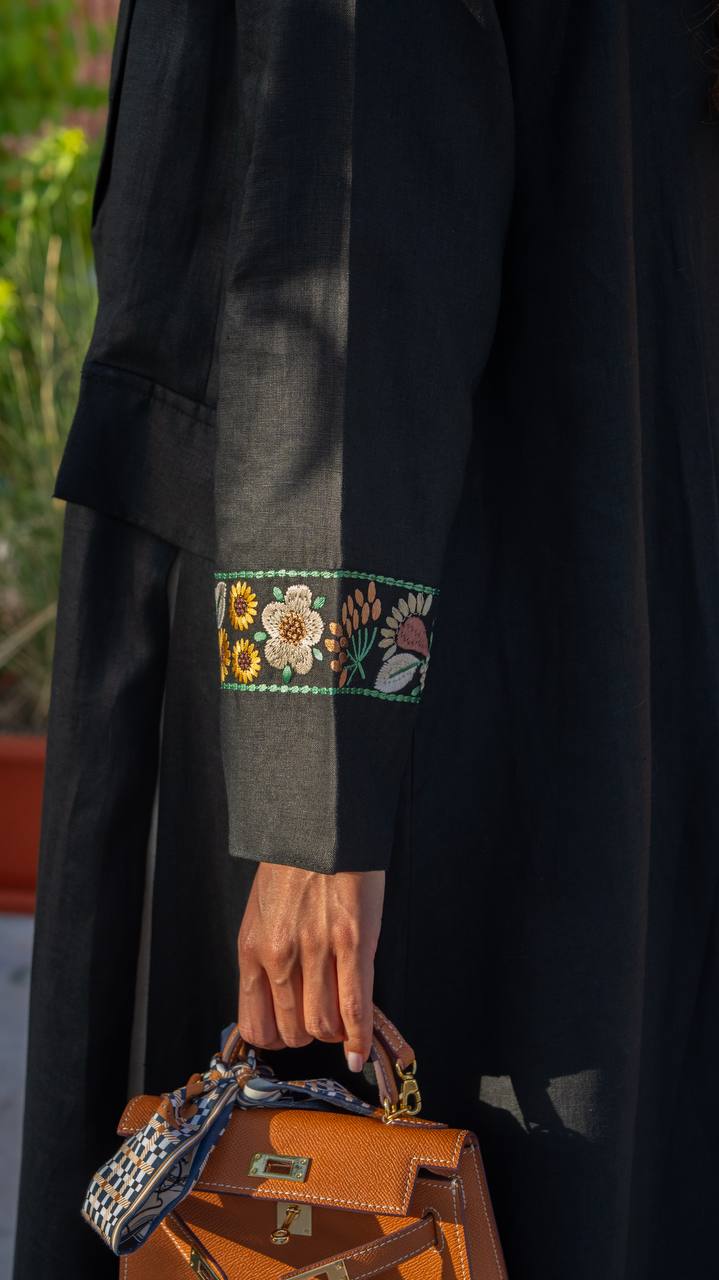 Black linen blazer abaya with embroidery.C:410
