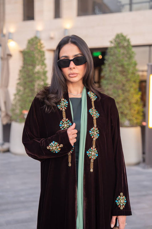 Brown velvet abaya with hand embroidery. C:IB361