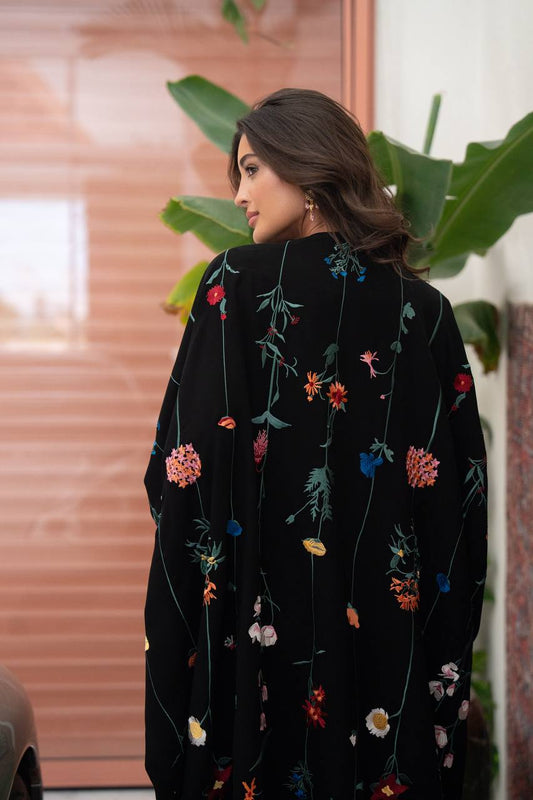 Black linen abaya bisht with embroidery.C:419