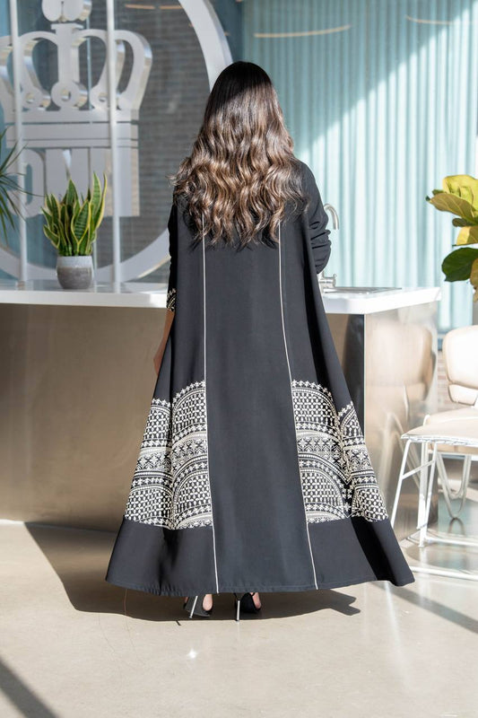Black crepe abaya with white embroidery. C:384