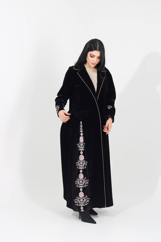 Black velvet blazer abaya with embroidery. C:IB371