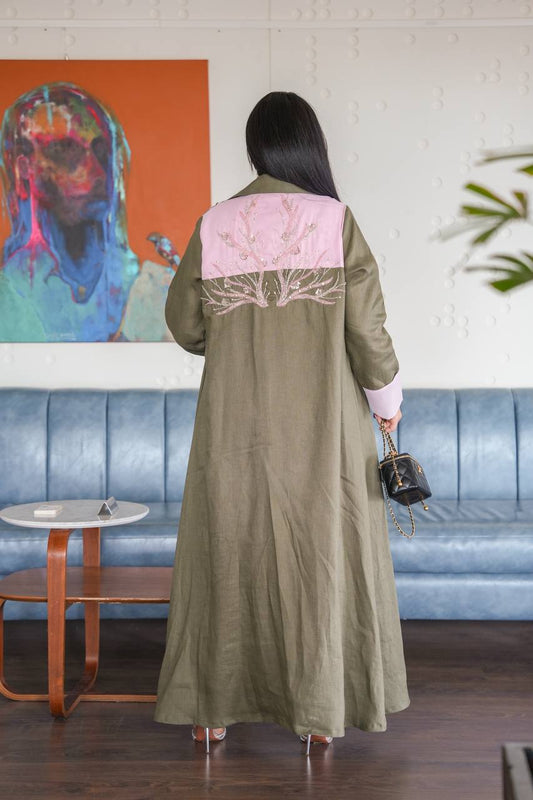 Linen abaya in olive green with hand embroidery.C:389