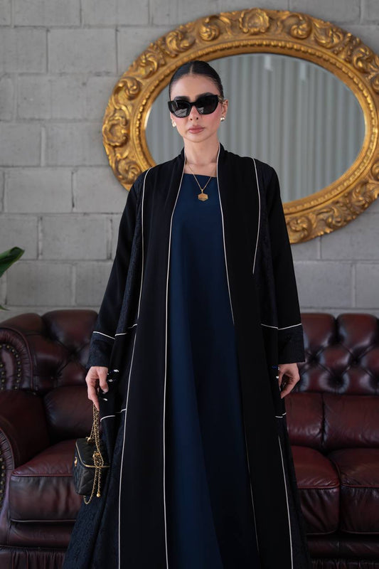 Black crepe abaya with lace trim and beading. C:394