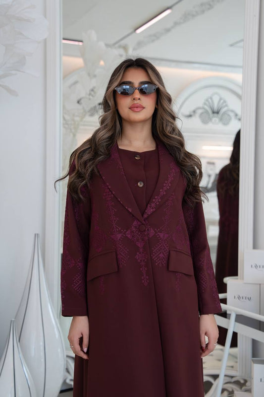 Burgundy crepe blazer abaya with embroidery.C:383
