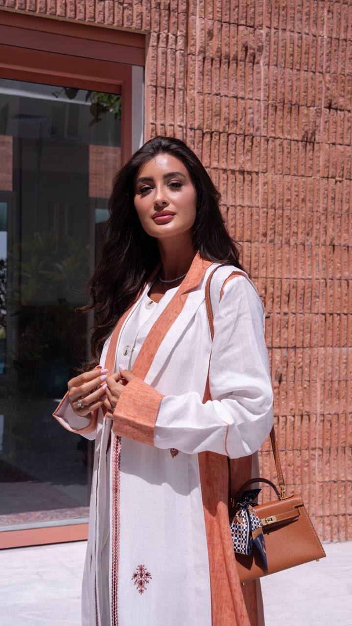 White and orange linen blazer abaya with embroidery. C:408