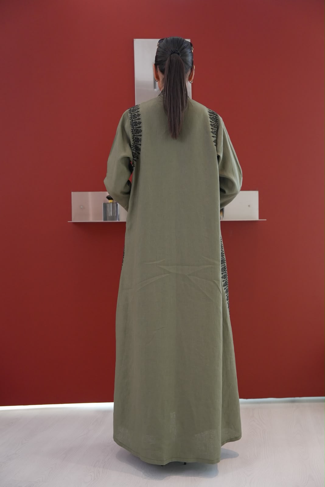 Linen abaya in olive green with embroidery.C:435