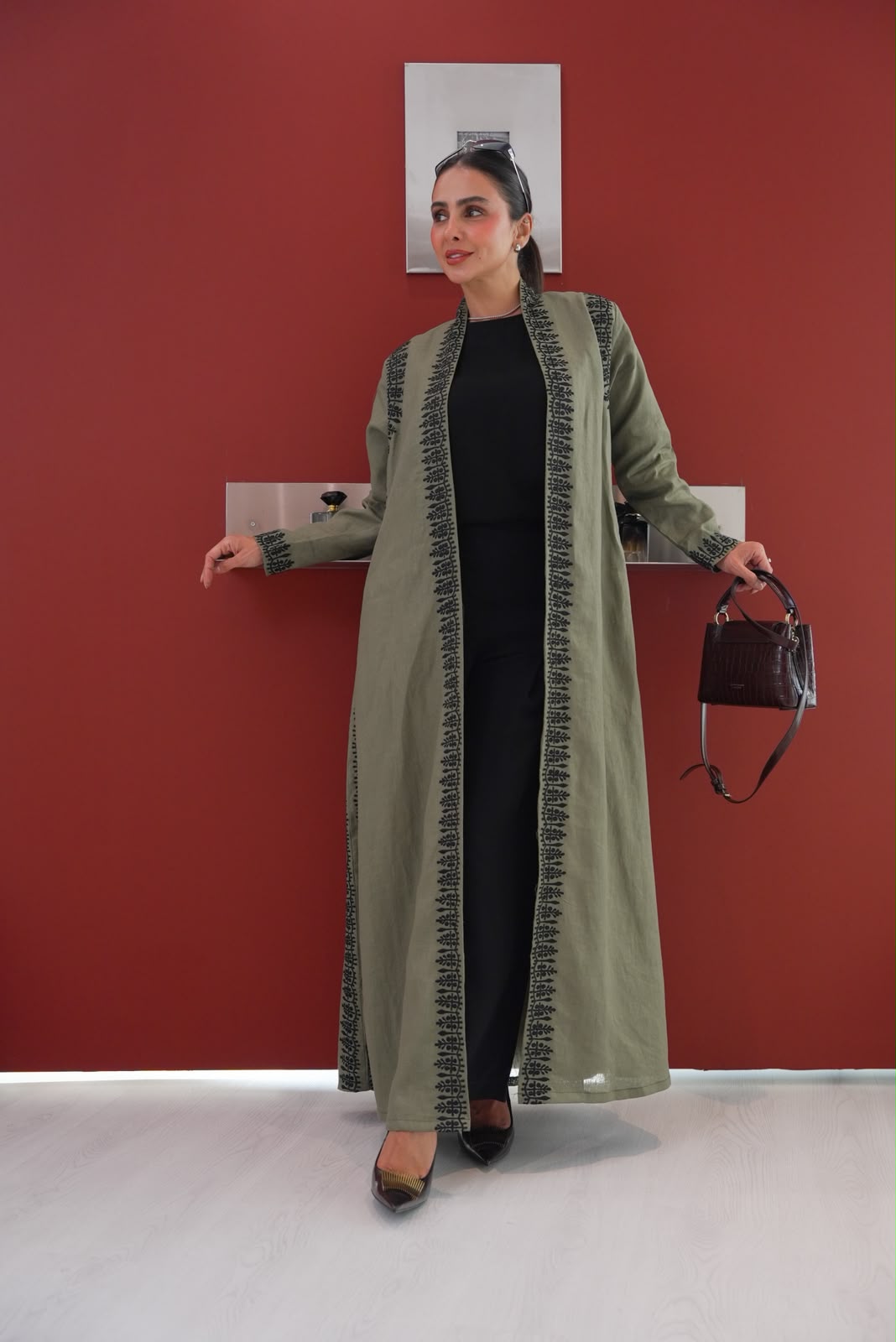 Linen abaya in olive green with embroidery.C:435